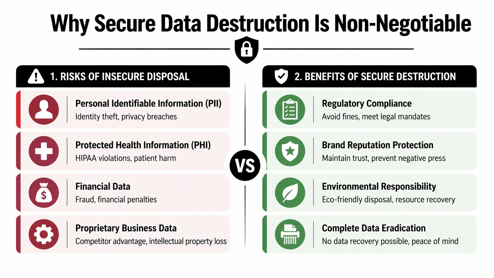 An infographic comparing the risks of insecure data disposal against the benefits of secure information destruction.