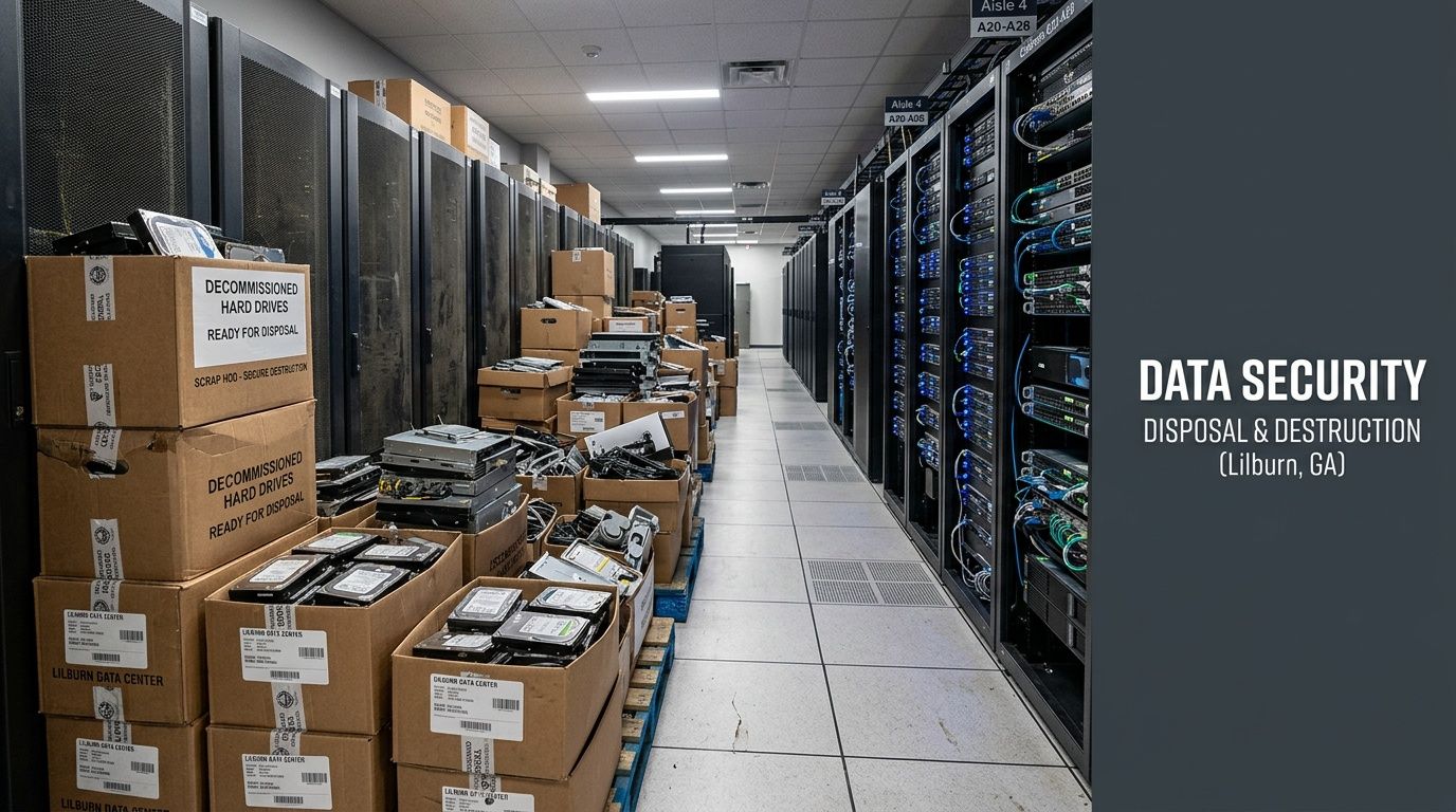 Stacks of cardboard boxes filled with decommissioned hard drives ready for secure data destruction in a data center.