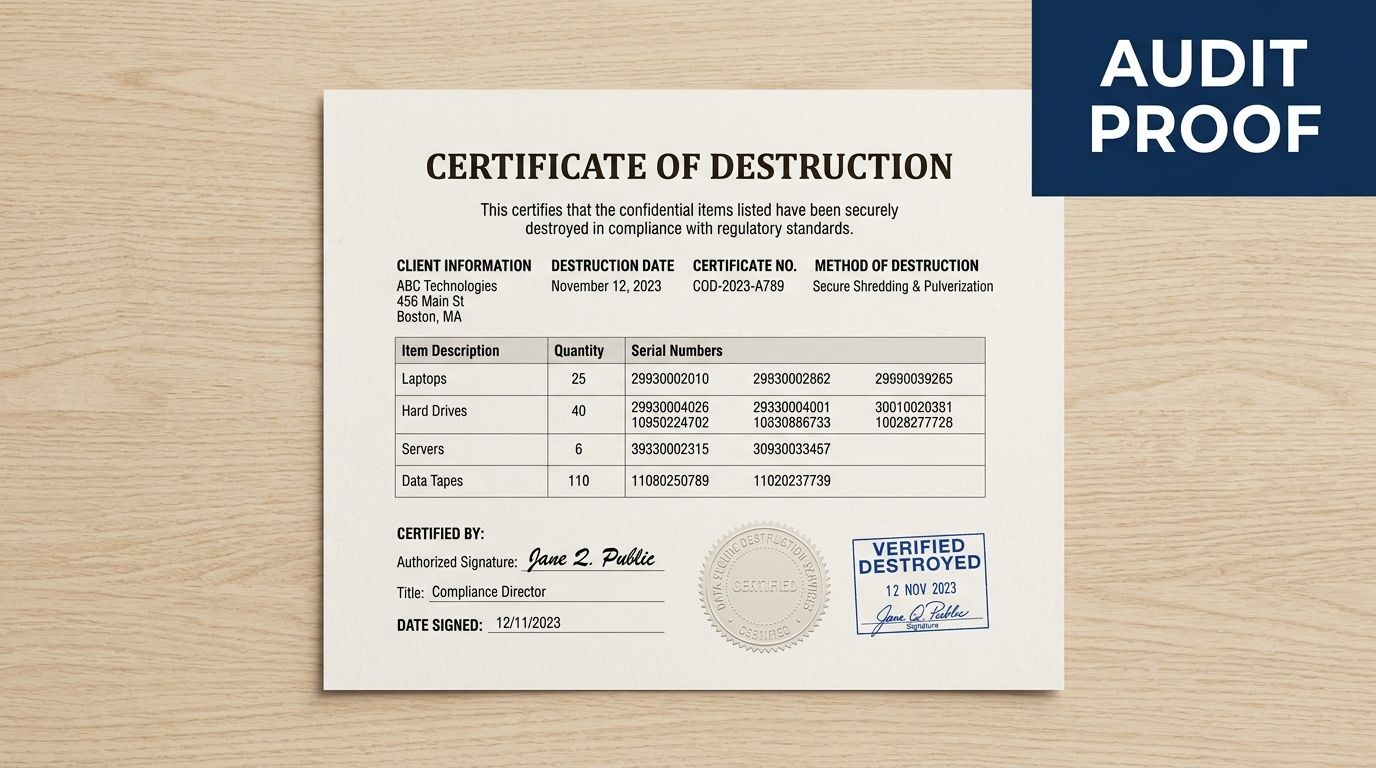 A professional Certificate of Destruction document confirming the secure disposal of electronics for ABC Technologies.