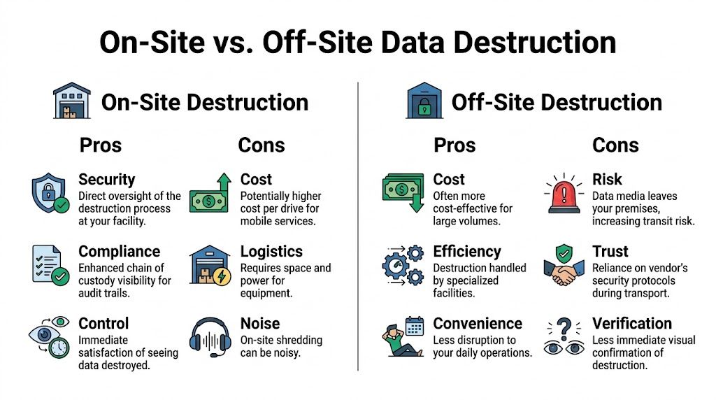 A comparison chart outlining the pros and cons of on-site versus off-site data destruction services.