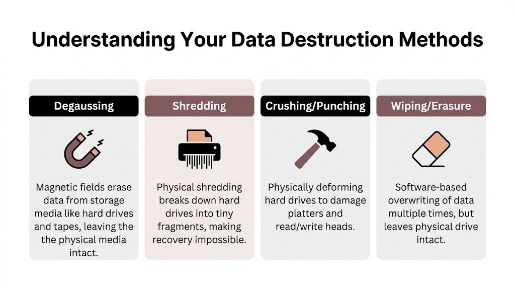 An infographic showing four common methods for secure data destruction: degaussing, shredding, crushing, and wiping or erasure.