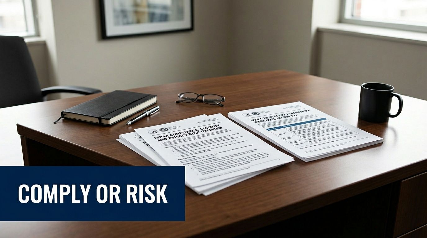 A professional office desk featuring documents on HIPAA compliance and cybersecurity guidelines alongside a notebook and coffee mug.