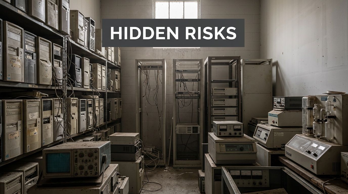 A cluttered room filled with old computer towers, server racks, and electronic test equipment in storage.