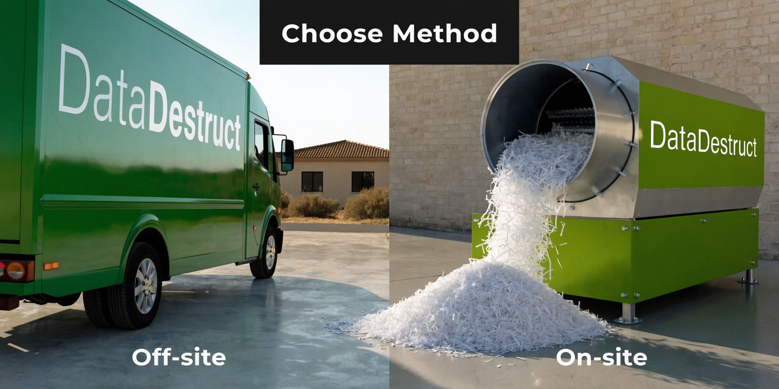 A split screen comparison showing an off-site shredding van and an on-site commercial data destruction machine.