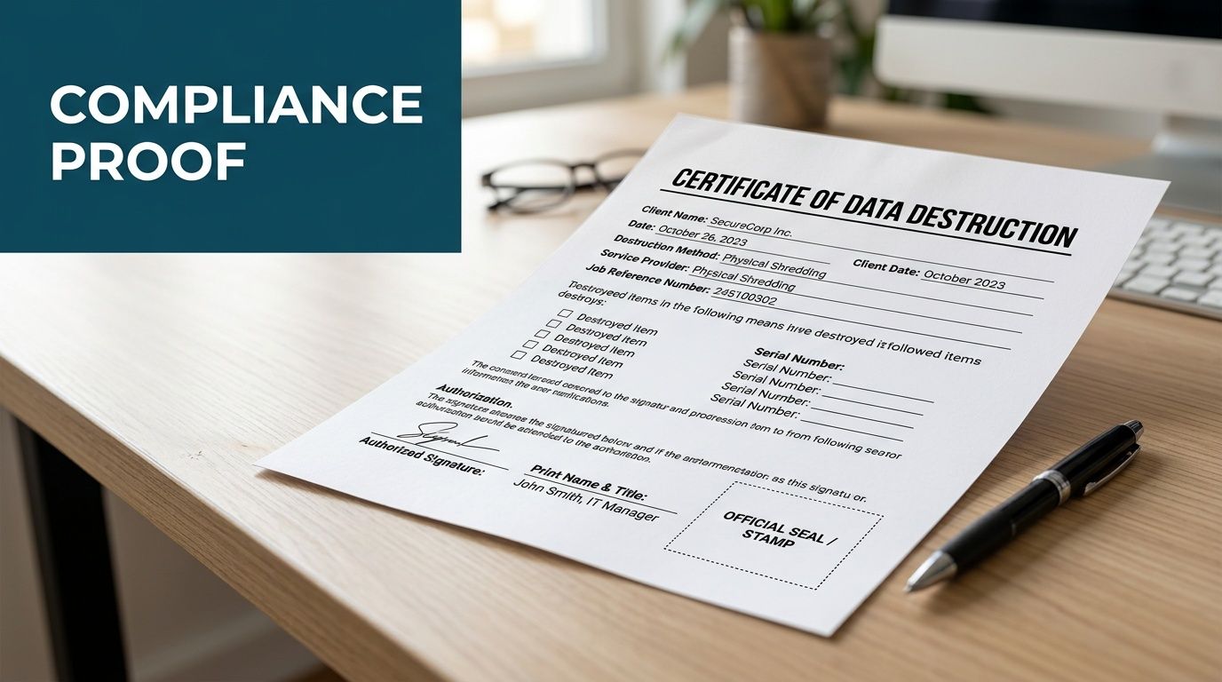A certificate of data destruction document sitting on a wooden desk with a pen and glasses nearby.