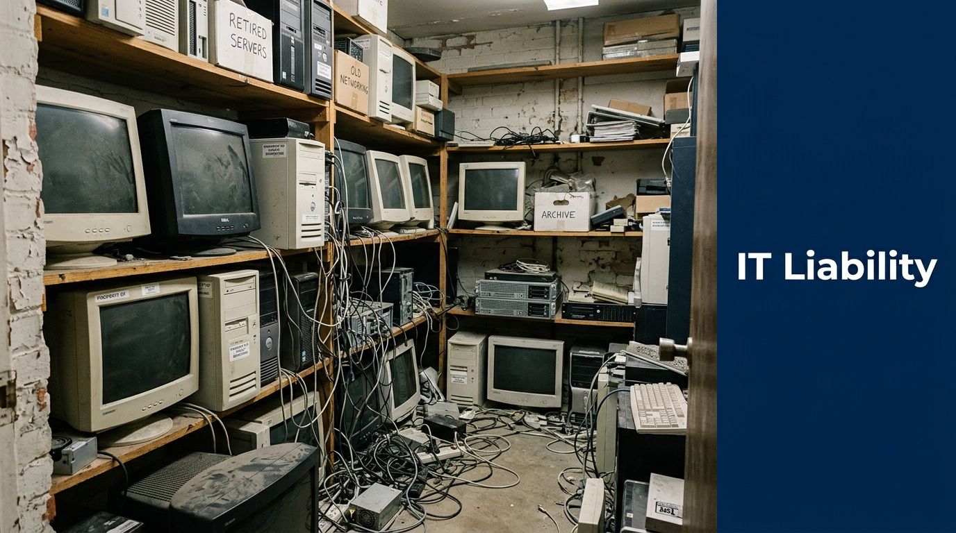 An cluttered storage room filled with outdated computer monitors, towers, and tangled cables representing electronic waste.