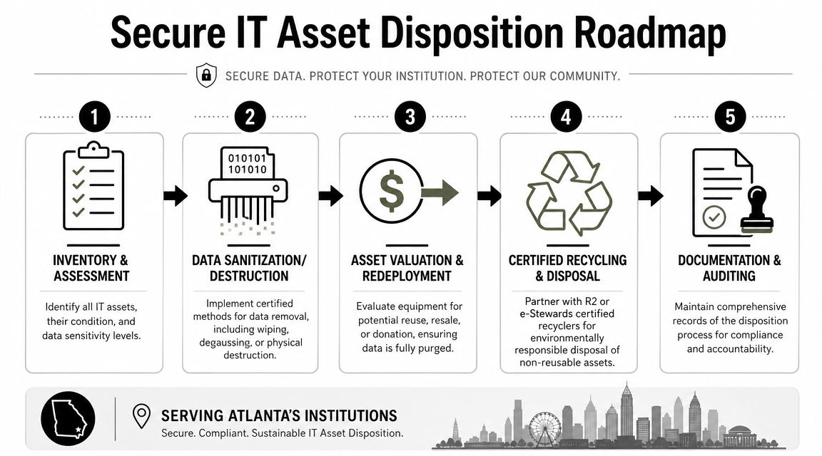 A five-step roadmap infographic for secure IT asset disposition and sustainable electronics recycling in Atlanta.