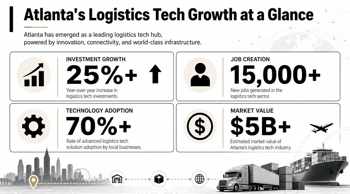 An infographic showing Atlanta's logistics tech growth, featuring investment, job creation, technology adoption, and market value statistics.