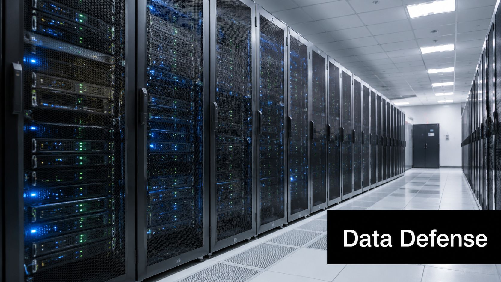 A modern data center server room with rows of networked computer server racks and blinking indicator lights.