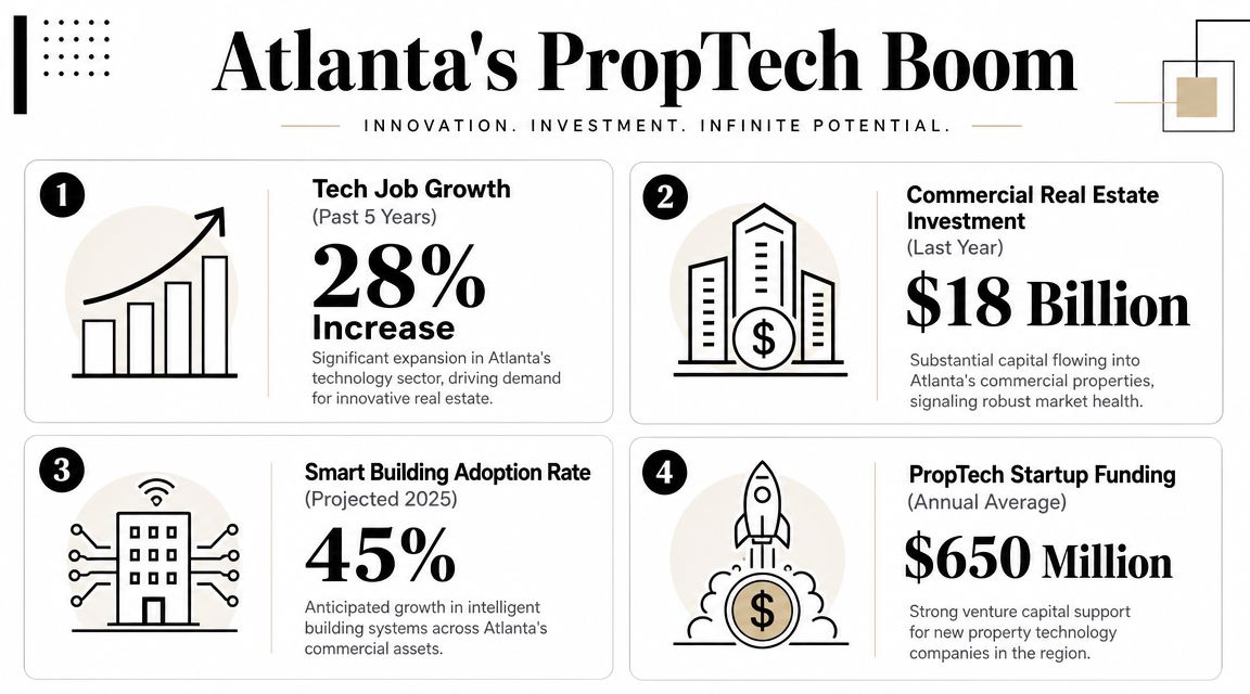 An infographic titled Atlanta's PropTech Boom highlighting growth in tech jobs, commercial real estate investment, and startup funding.