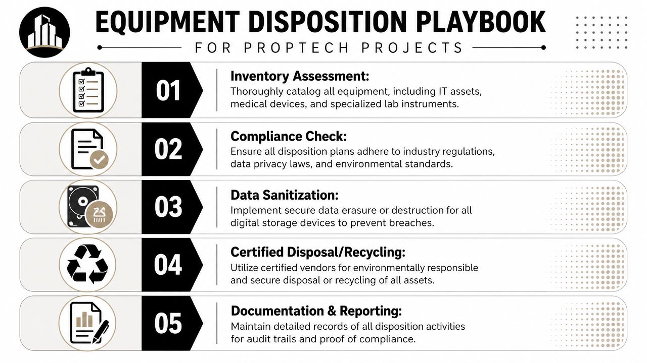 A structured flowchart titled Equipment Disposition Playbook outlining five essential steps for managing PropTech project equipment lifecycle.