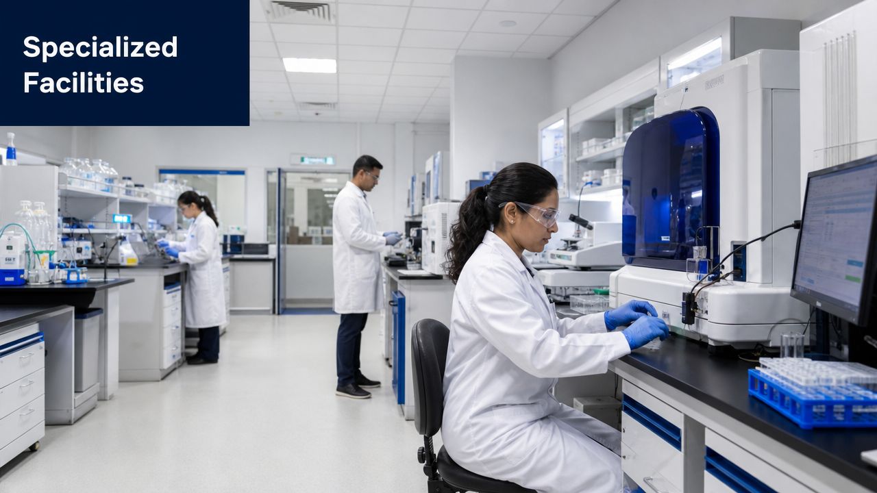 Scientists in white lab coats and protective gear conducting research in a modern, well-equipped laboratory facility.