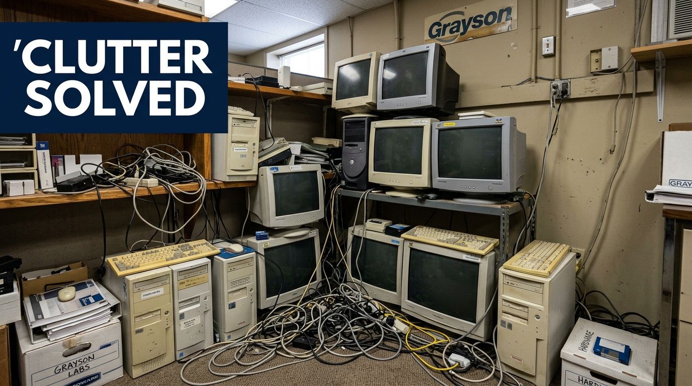 A cluttered room filled with outdated computer hardware including monitors, towers, and tangled cables requiring recycling.