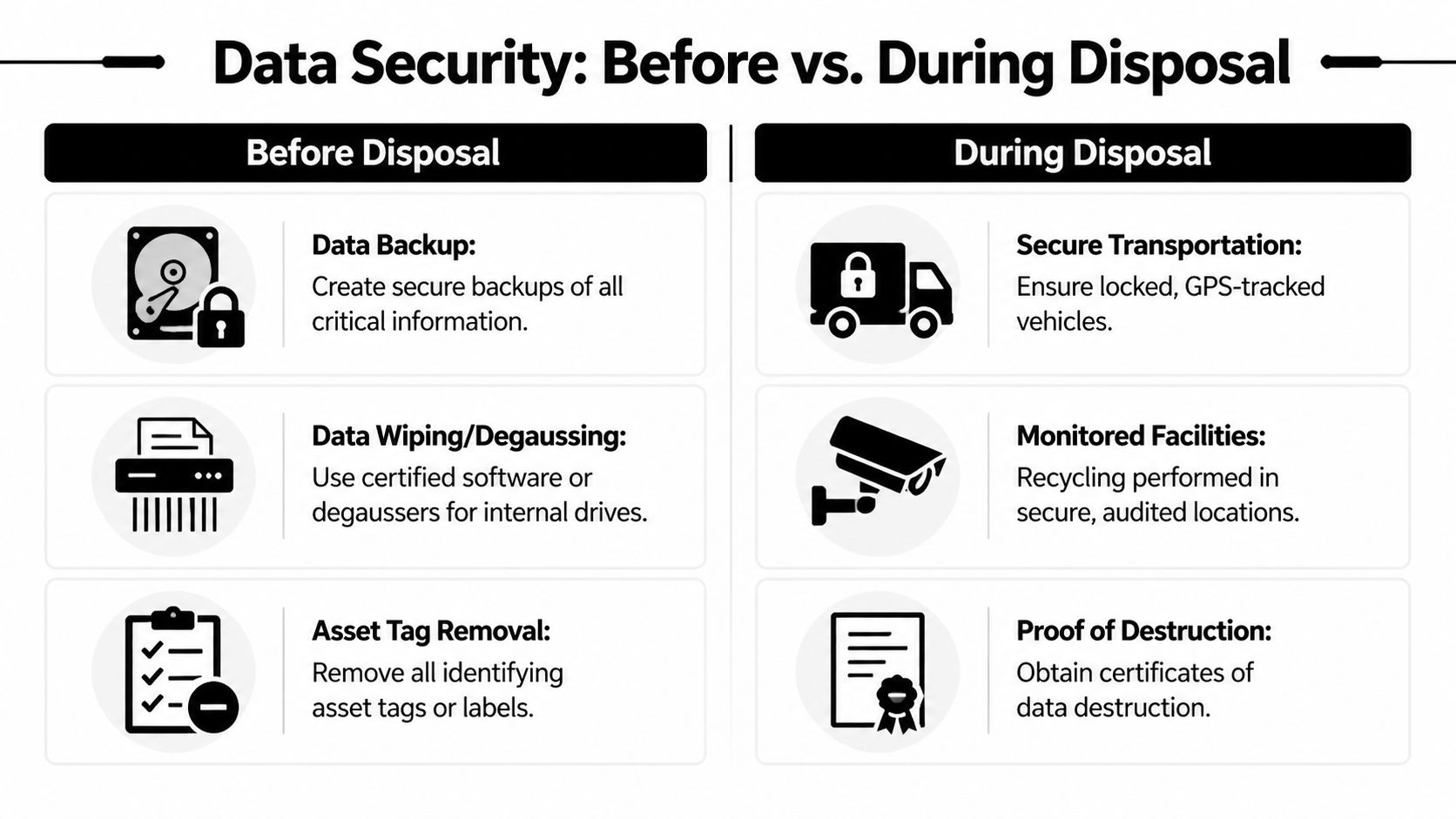 An infographic showing best practices for data security before and during the electronic device disposal process.