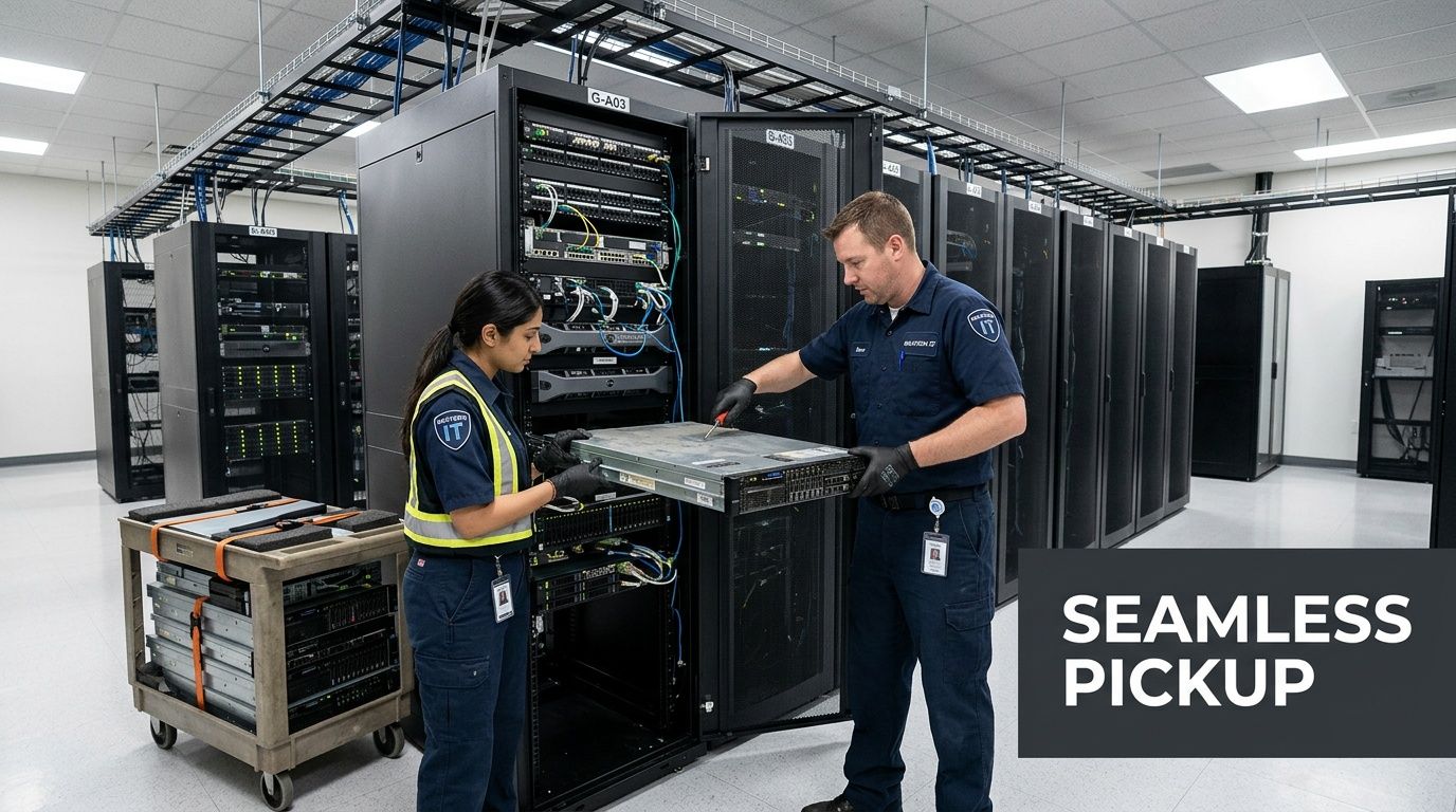 Two professional technicians in uniforms carefully handling server equipment inside a secure data center facility.