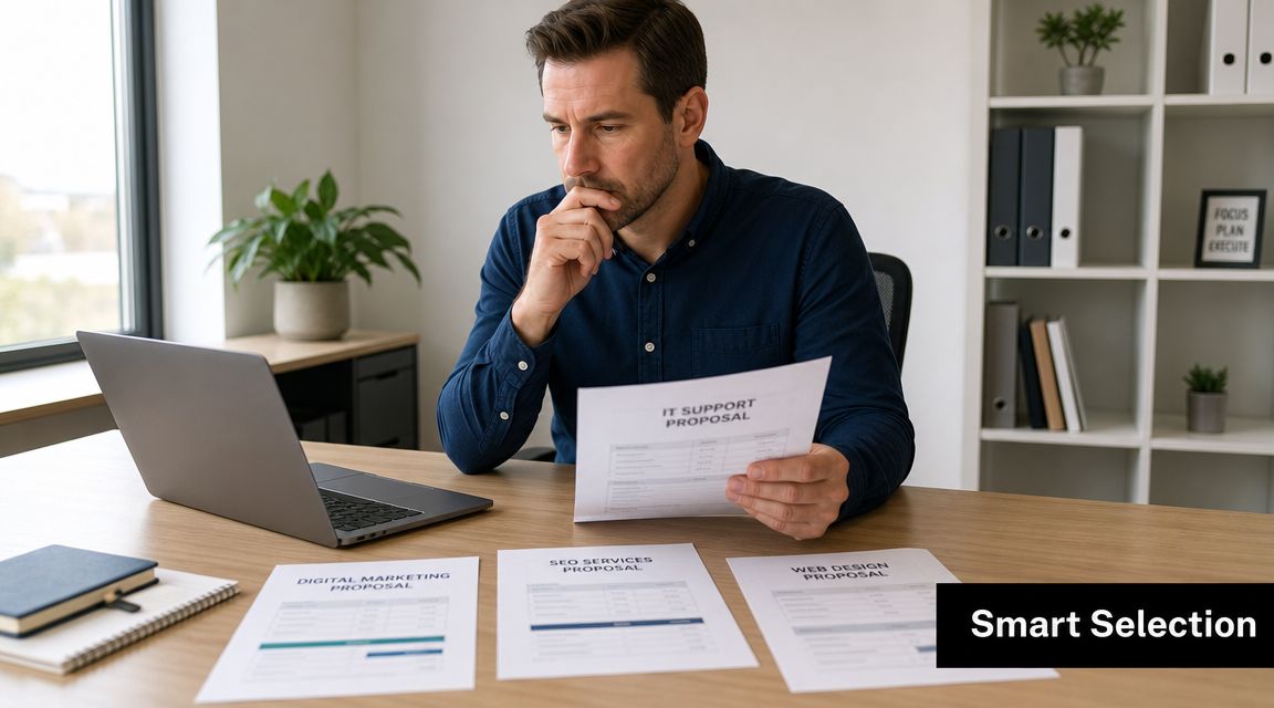 A professional man reviewing various business service proposals while working on a laptop at his desk.