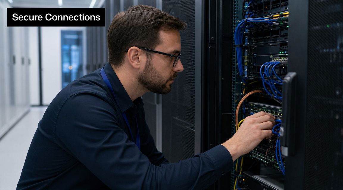 A professional IT technician installing network cables into a server rack within a modern data center.