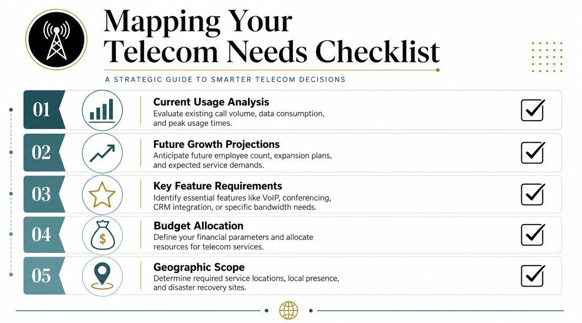 A checklist graphic illustrating five key strategic steps for making informed business telecommunication decisions.