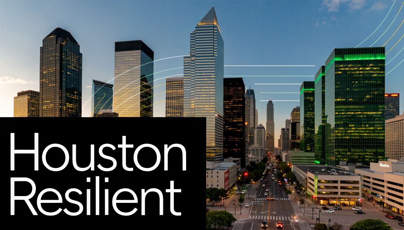 A wide angle shot of the Houston city skyline at dusk featuring digital light trails.