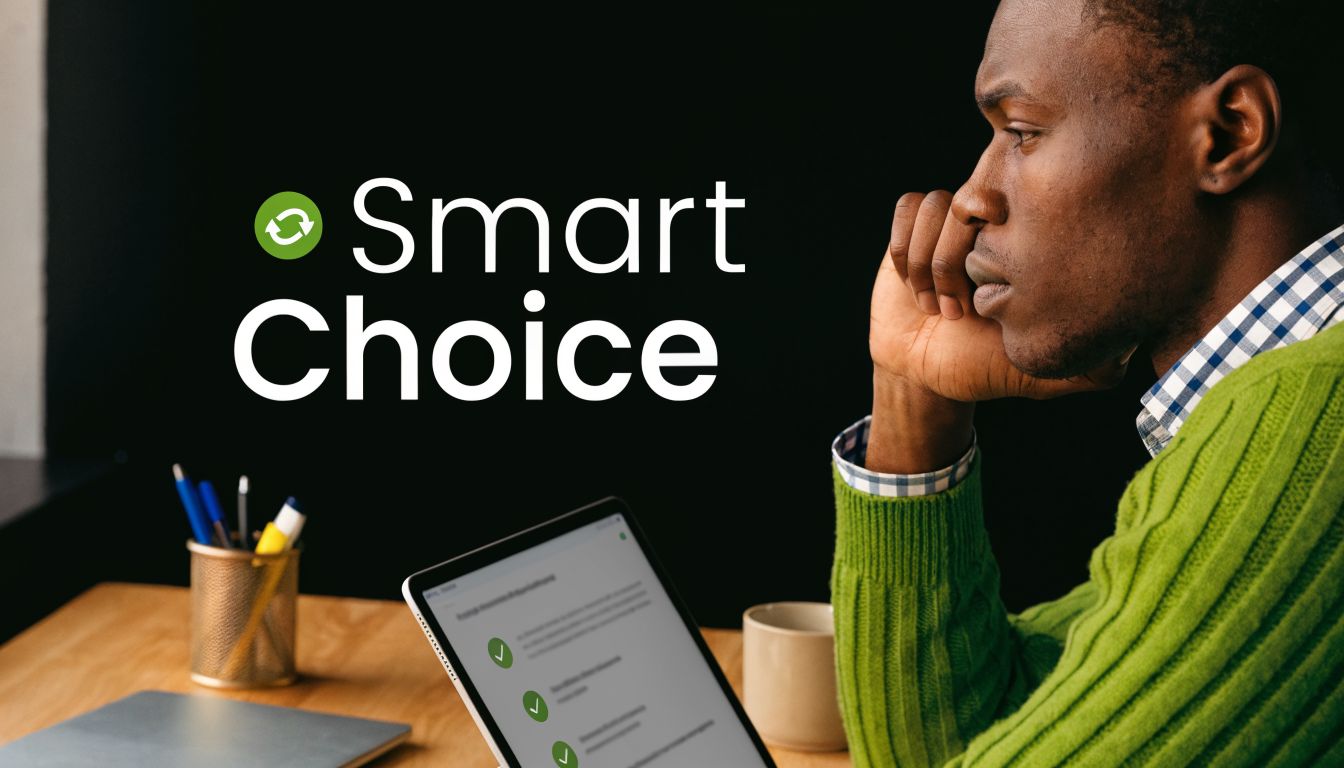 A focused man in a green sweater reviewing cloud telecom service options on a digital tablet.