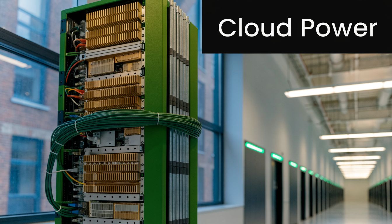 A green server rack with stacked components in a modern data center with a hallway background