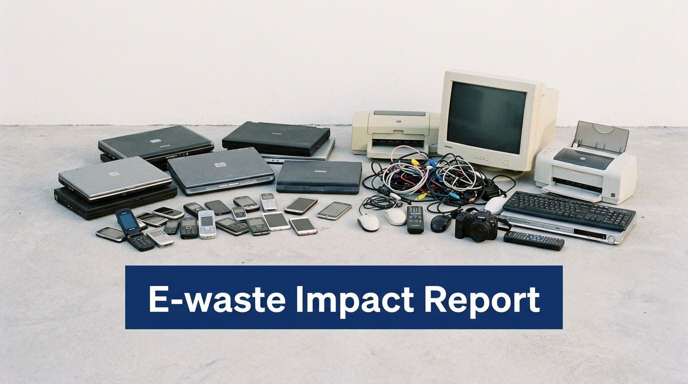 A collection of discarded electronic devices including laptops, mobile phones, printers, and cables on a floor.