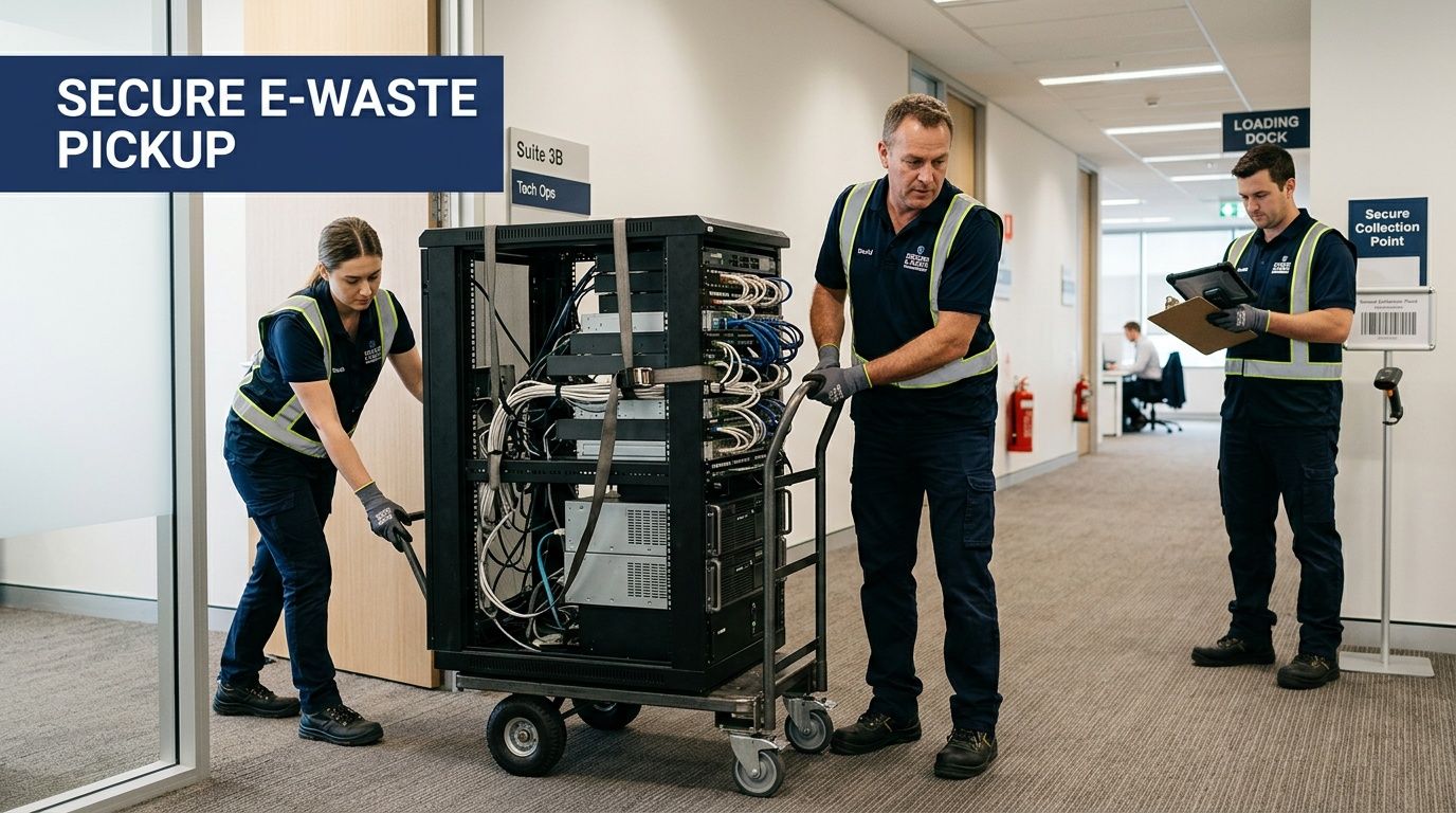 Two professional staff members moving a server rack for secure e-waste disposal with a colleague nearby.