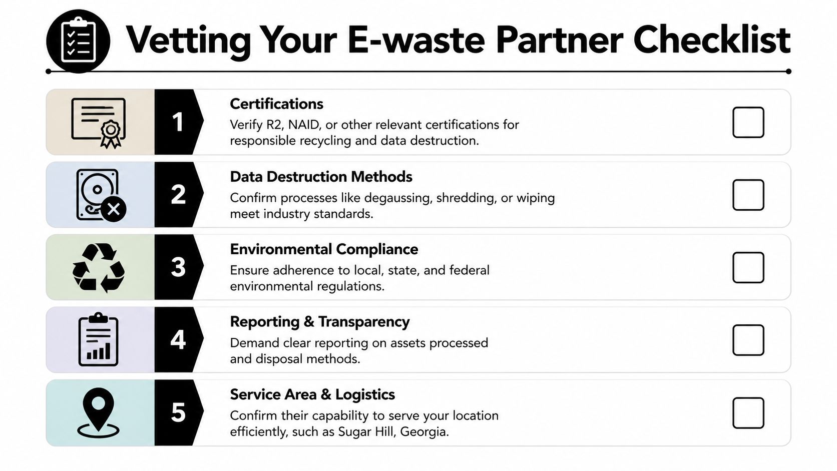 A five-point checklist for vetting an e-waste partner including certifications, data destruction, and compliance requirements.