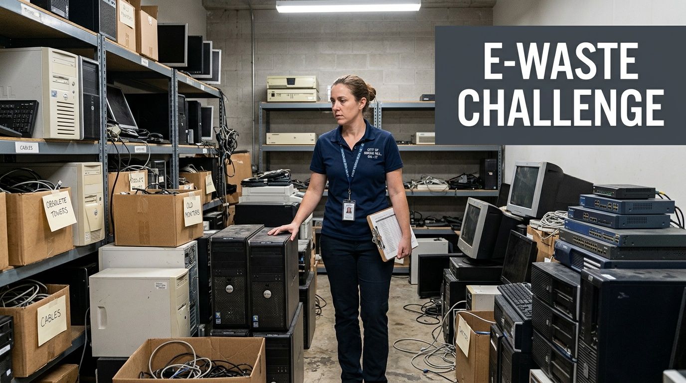 A city worker standing in an electronics storage facility surrounded by old computers and e-waste.