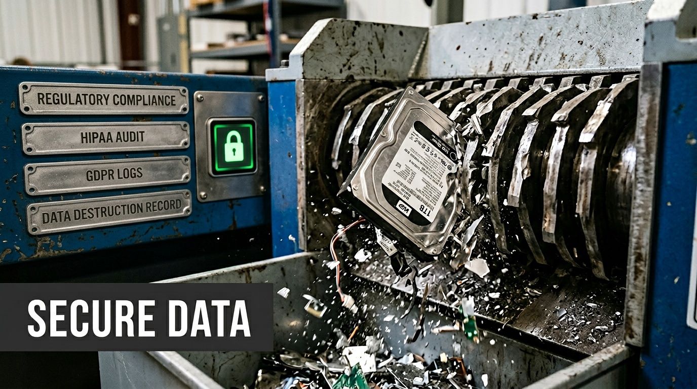 A hard drive being shredded in an industrial machine as part of professional data destruction services.