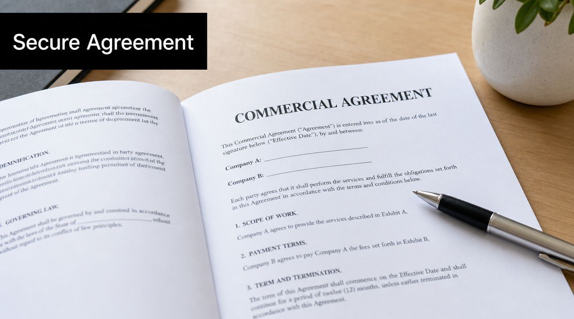 A professional document titled Commercial Agreement on a desk with a pen, ready for signing.