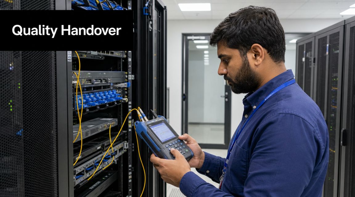 A technician using a testing device to verify fiber optic cable connections in a data center.
