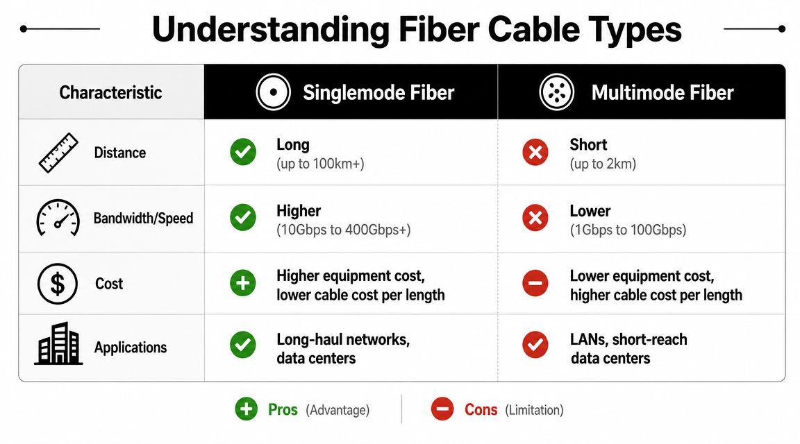 A comparison table outlining the key differences between Singlemode and Multimode fiber optic cable characteristics.