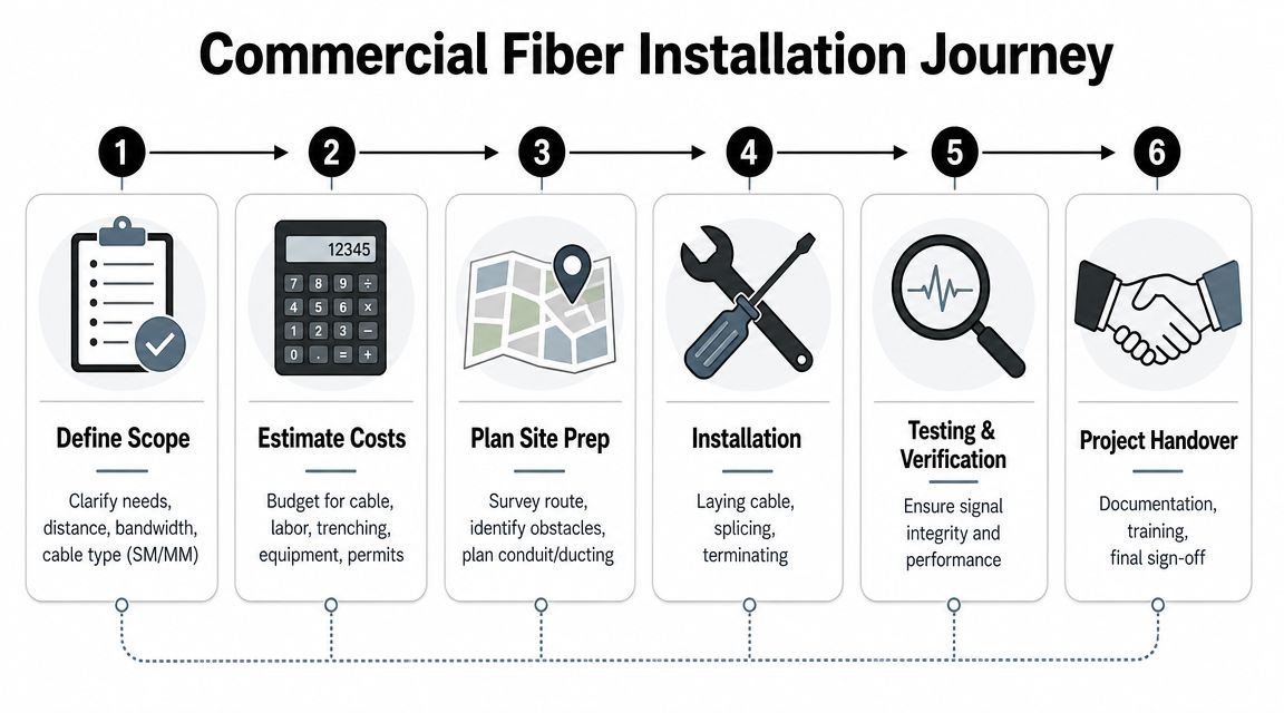 A six-step infographic detailing the commercial fiber optic installation process from scope definition to final handover.