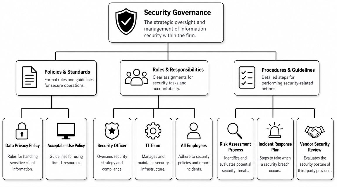A diagram outlining the components of security governance, including policies, roles, and procedures for a firm.