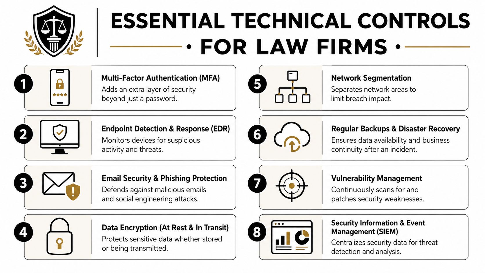 An infographic detailing eight essential technical security controls for law firms to protect sensitive legal data.