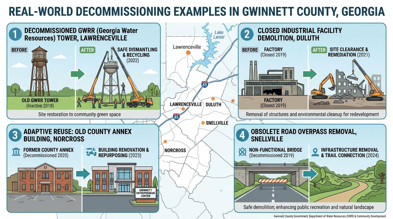 An infographic showing four real-world decommissioned project examples in Gwinnett County, Georgia with before and after illustrations.