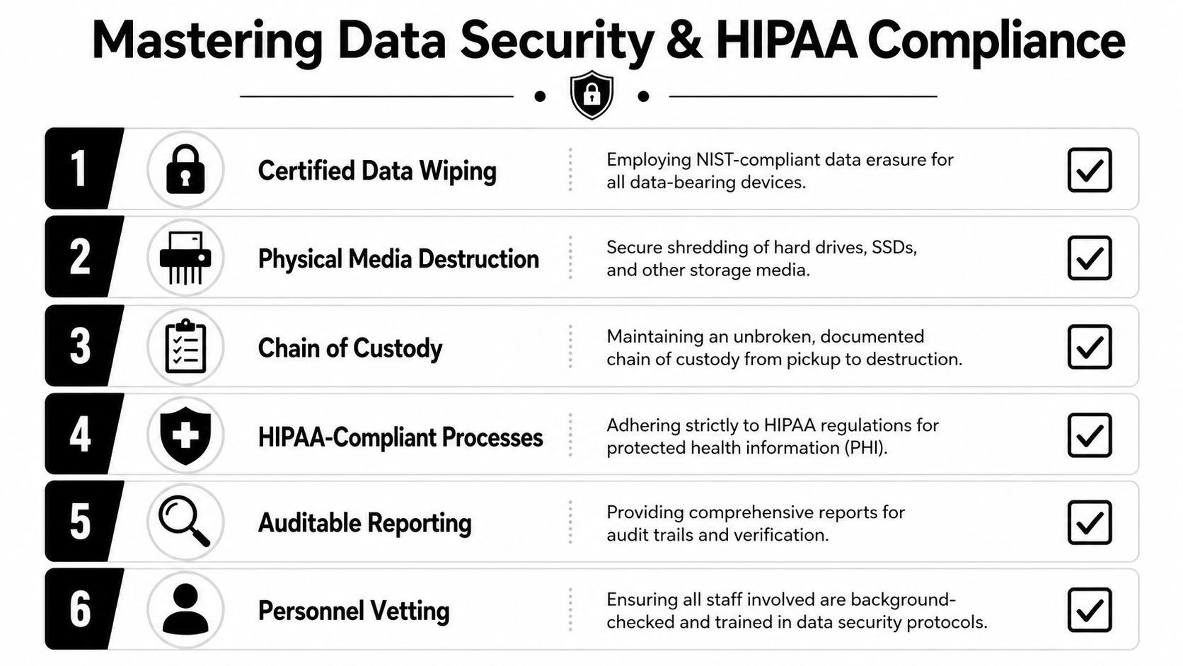 An infographic outlining six key steps for maintaining data security and HIPAA compliance during IT asset disposal.