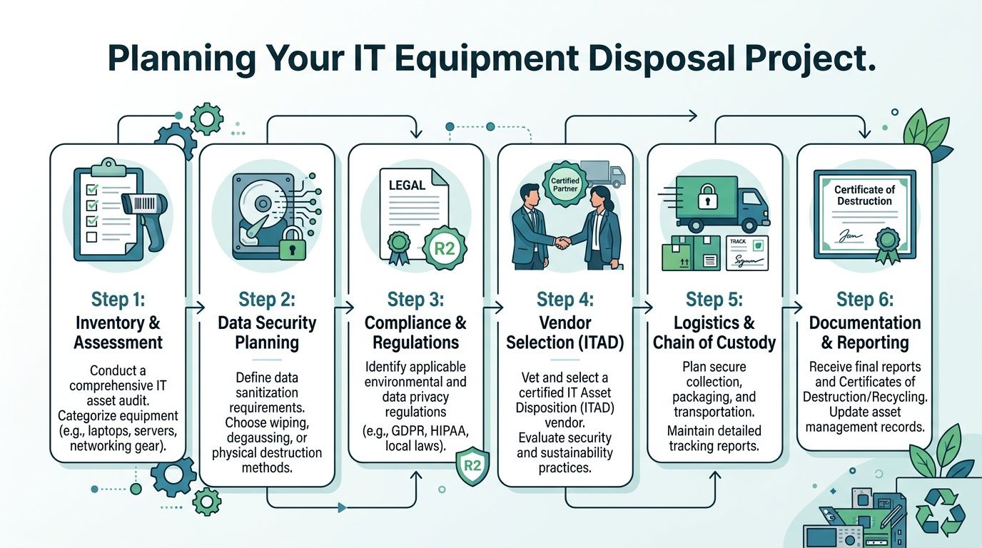 A six-step infographic detailing the professional process for planning an IT equipment disposal and recycling project.