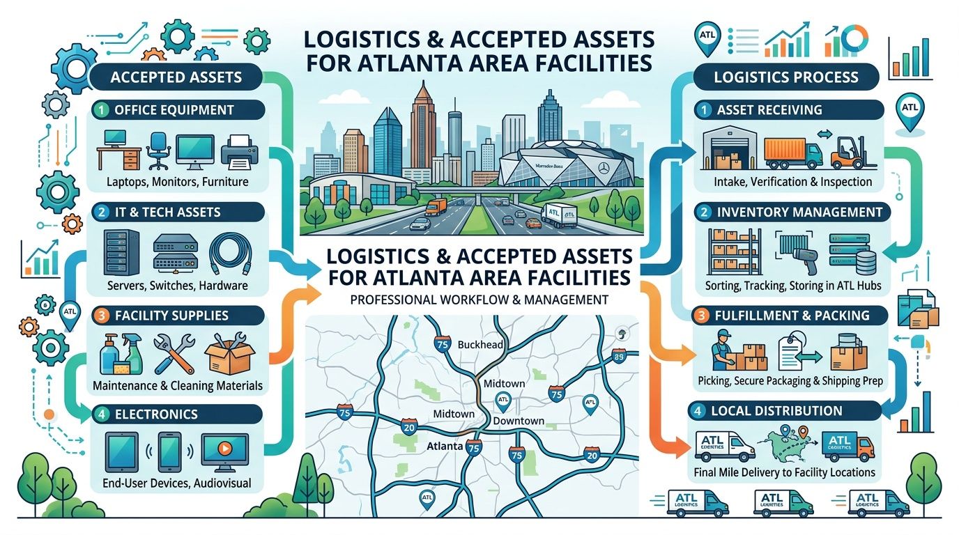 A professional infographic illustrating logistics, asset management, and supply chain workflows for Atlanta area facility operations.