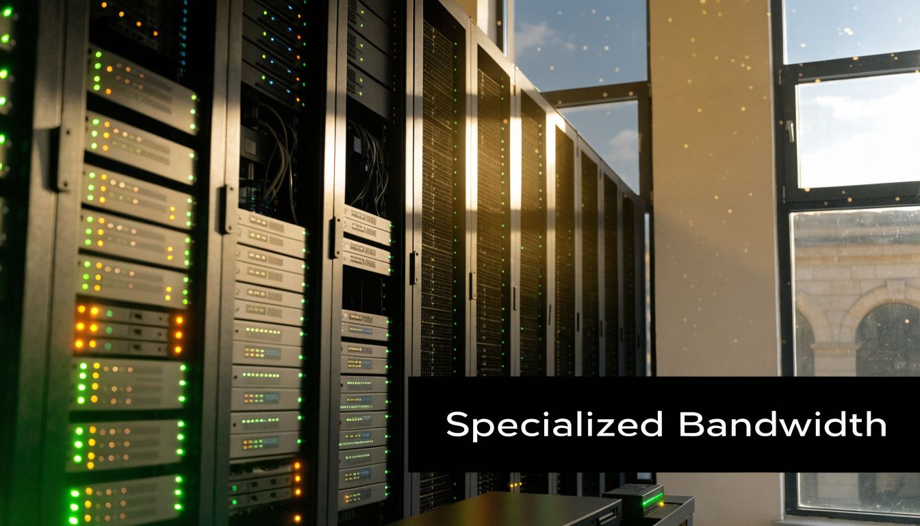 A server room with rows of network cabinets, blinking green indicator lights, and sunlight hitting hardware.