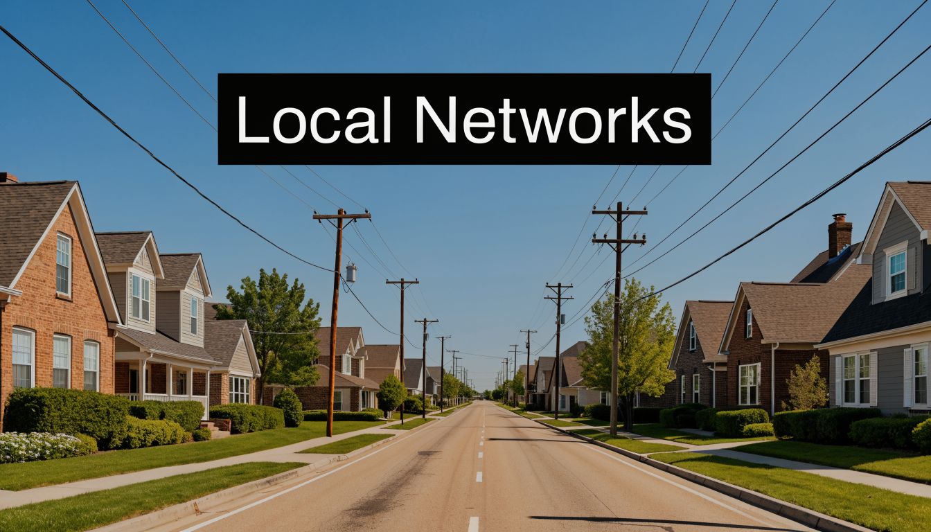 A quiet suburban residential street lined with houses, mature trees, and overhead utility power lines.