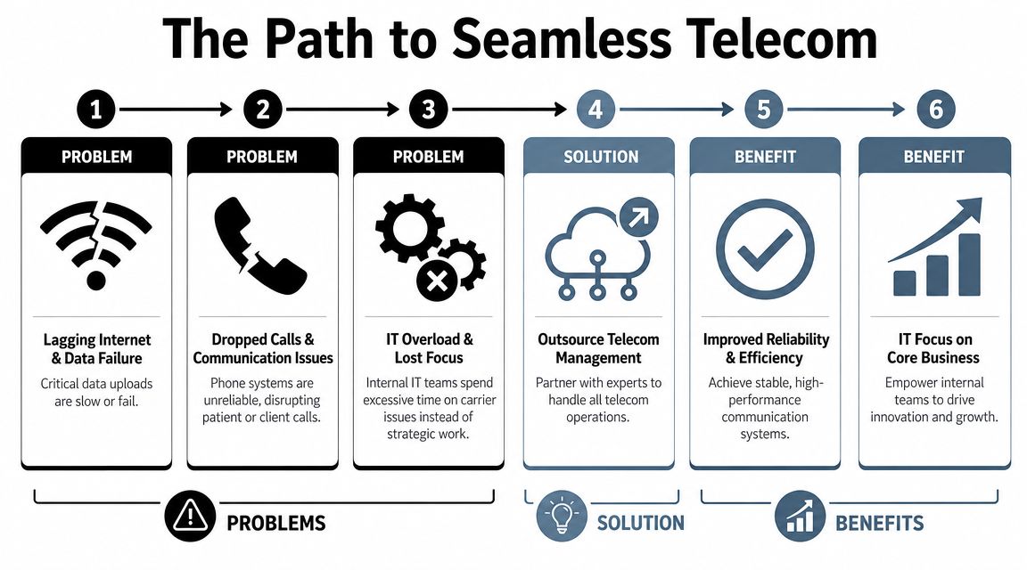 A diagram outlining the path to seamless telecom, showing problems, the solution, and business benefits.