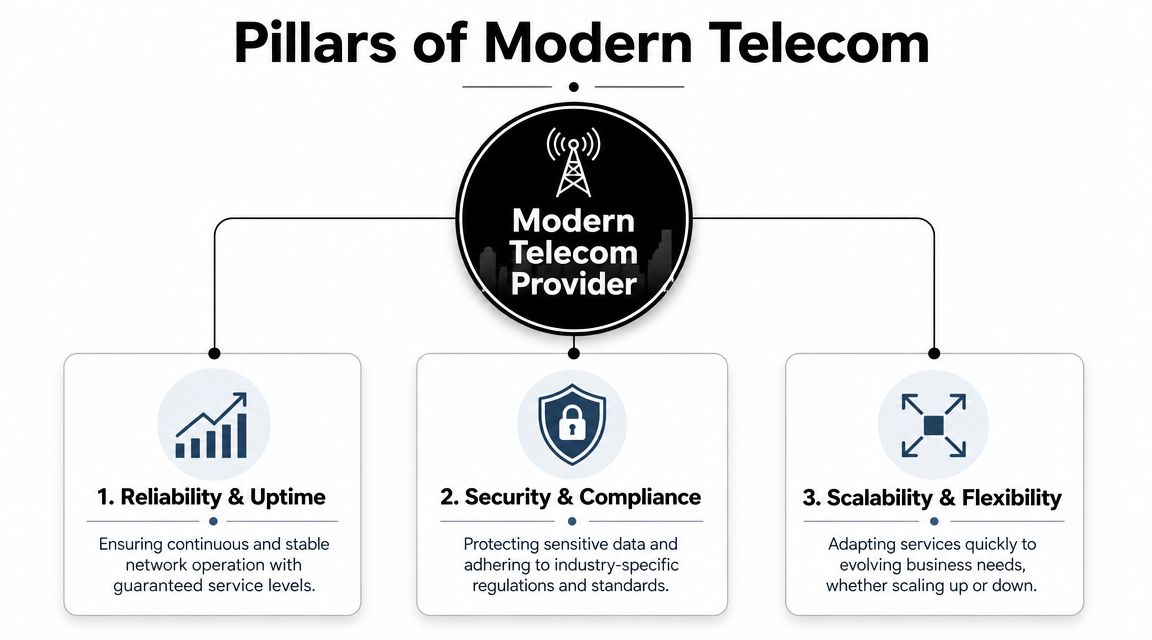 A diagram illustrating the three key pillars of modern telecom providers: reliability, security, and scalability.