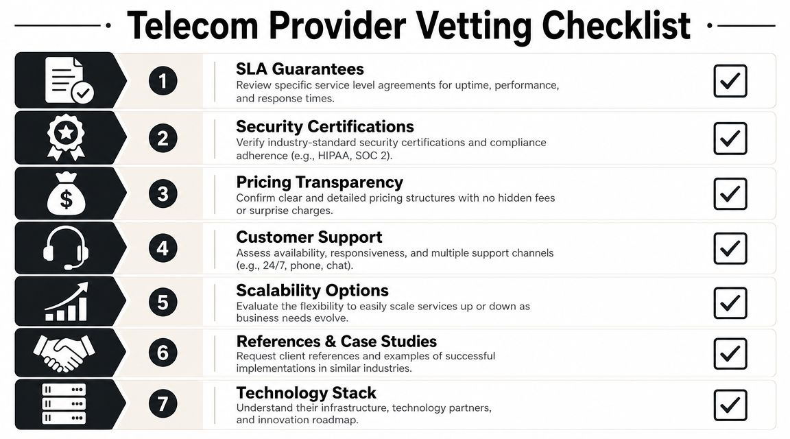 A seven-step checklist for vetting telecom providers including service guarantees, security, pricing, support, scalability, references, and technology.