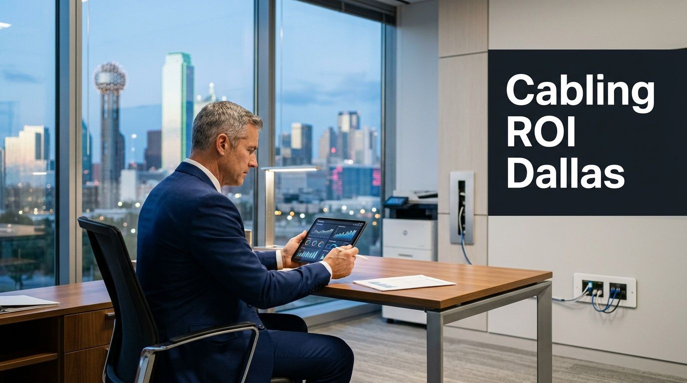 A professional man reviewing data on a tablet in a modern office overlooking the Dallas skyline.