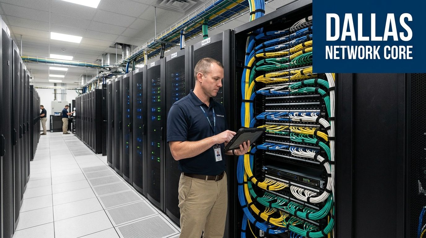 A technician inspecting server rack network cabling inside a modern Dallas data center facility.