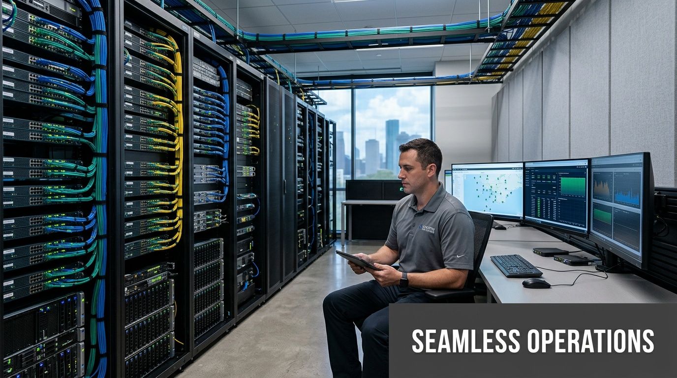An IT technician manages network equipment at an onsite telecom facility with a view of Houston's skyline.