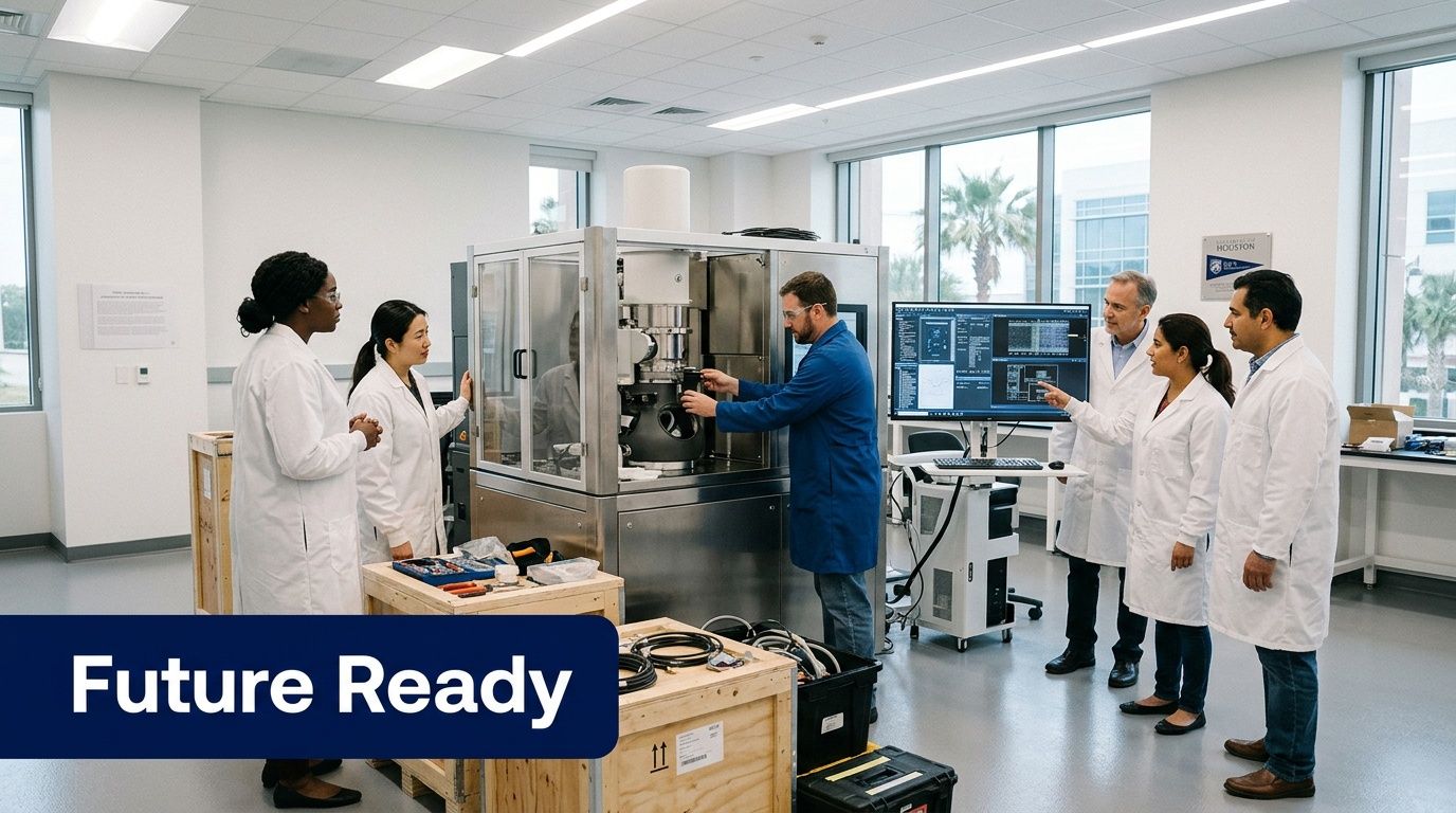A team of researchers in lab coats discussing onsite telecom services at a facility in Houston.