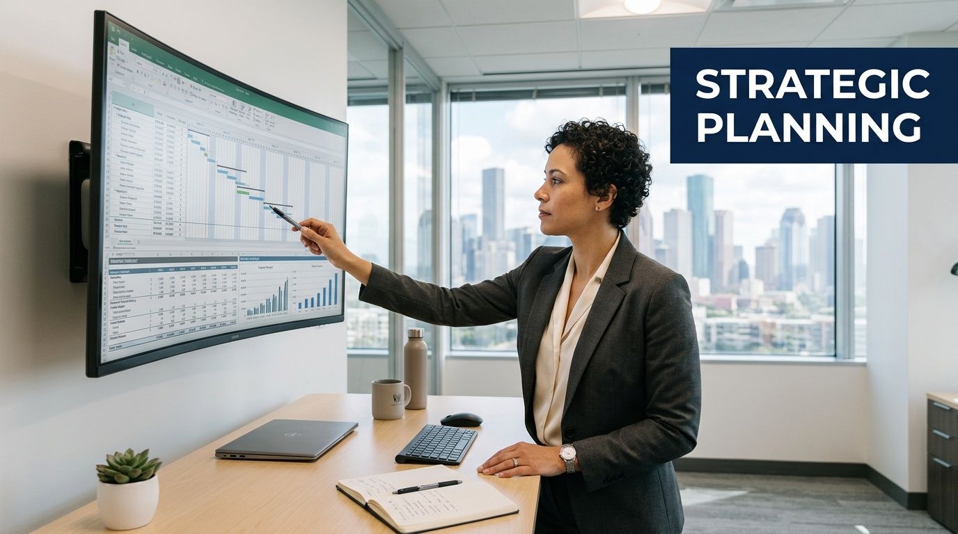 A professional woman in a business suit points to a digital project management screen in an office.